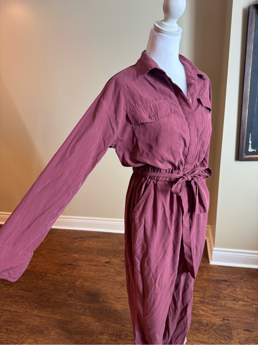 Express Mauve Button-Front Utility Jumpsuit with Tie Waist - Picture 3 of 7